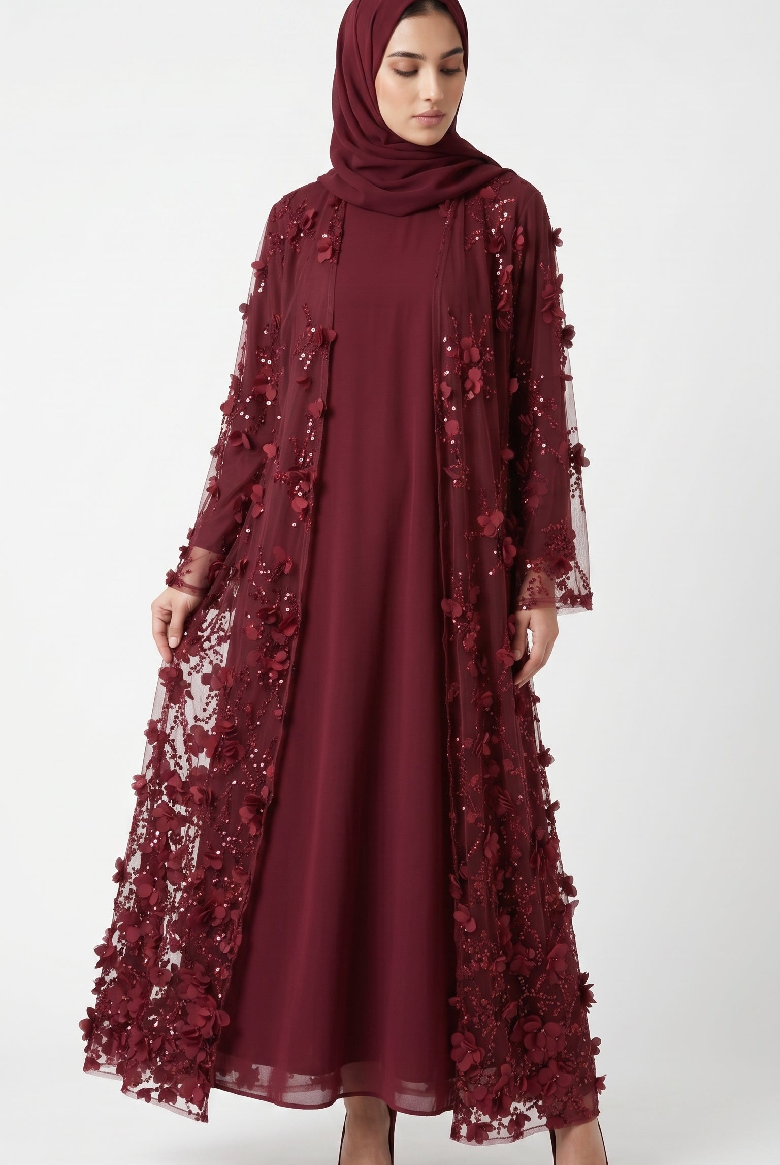 Burgundy 3D Floral Sequin Embellished Open Abaya with Satin Belt - Image 5