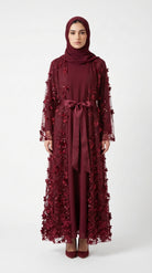 Burgundy 3D Floral Sequin Embellished Open Abaya with Satin Belt - Image 7
