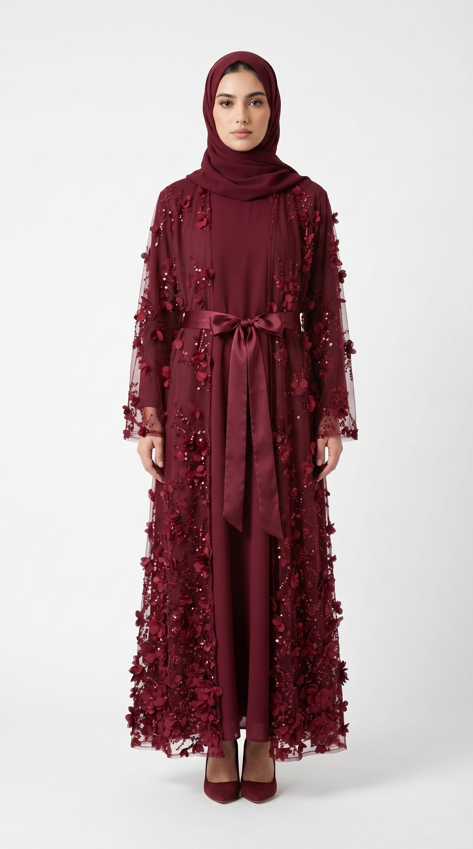 Burgundy 3D Floral Sequin Embellished Open Abaya with Satin Belt - Image 7