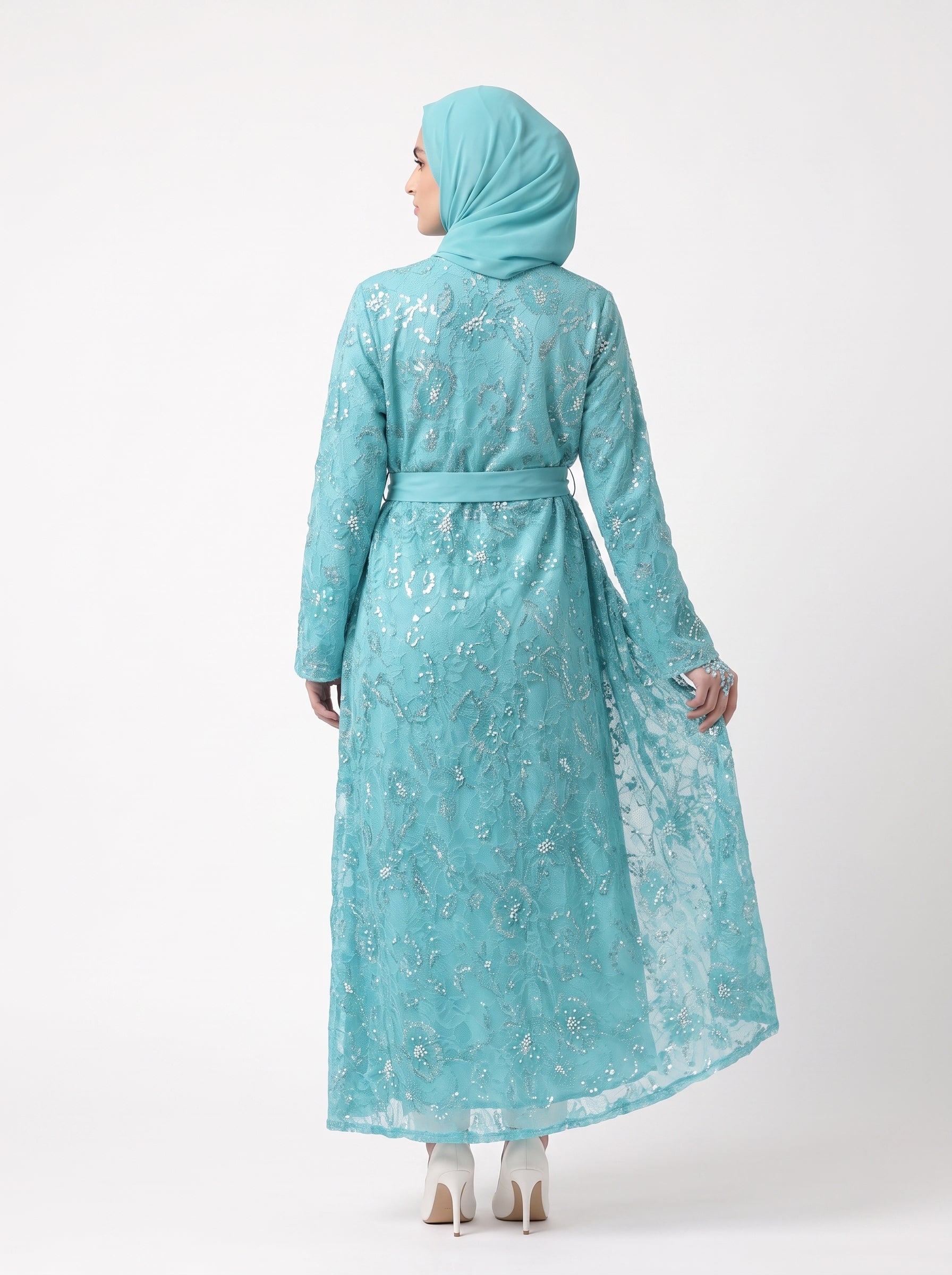 Luxury Floral Embellished Open Abaya with Satin Belt - For Women - Image 3