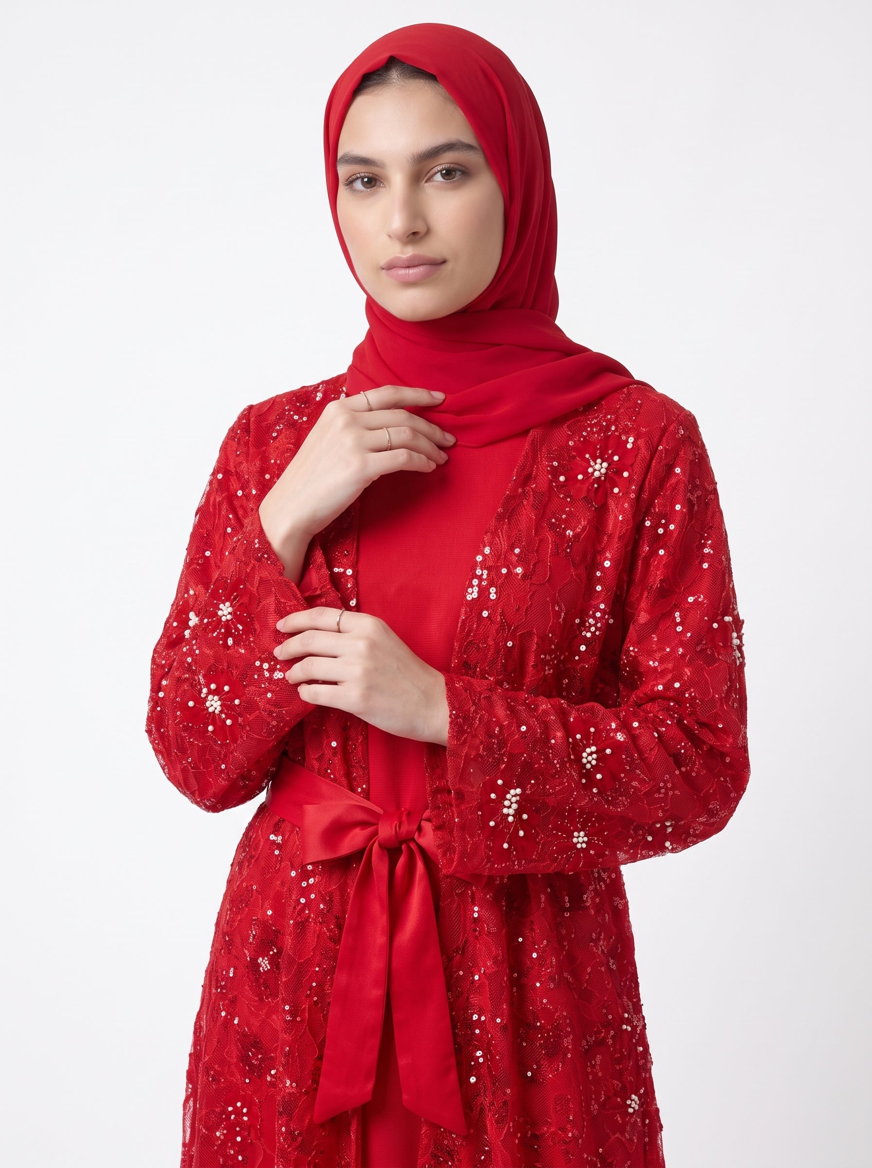 Elegant Embroidered Open Abaya with Satin Belt - For Women - Image 5