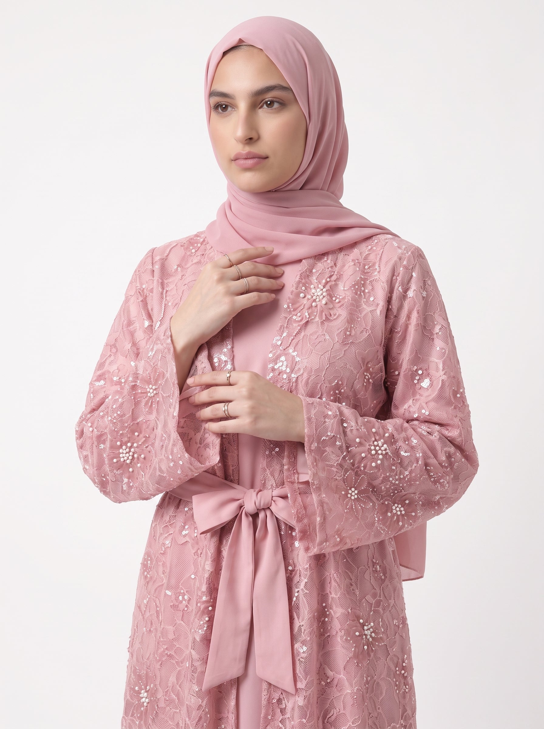 Luxury Statement Open Abaya with Satin Belt - For Women - Image 5
