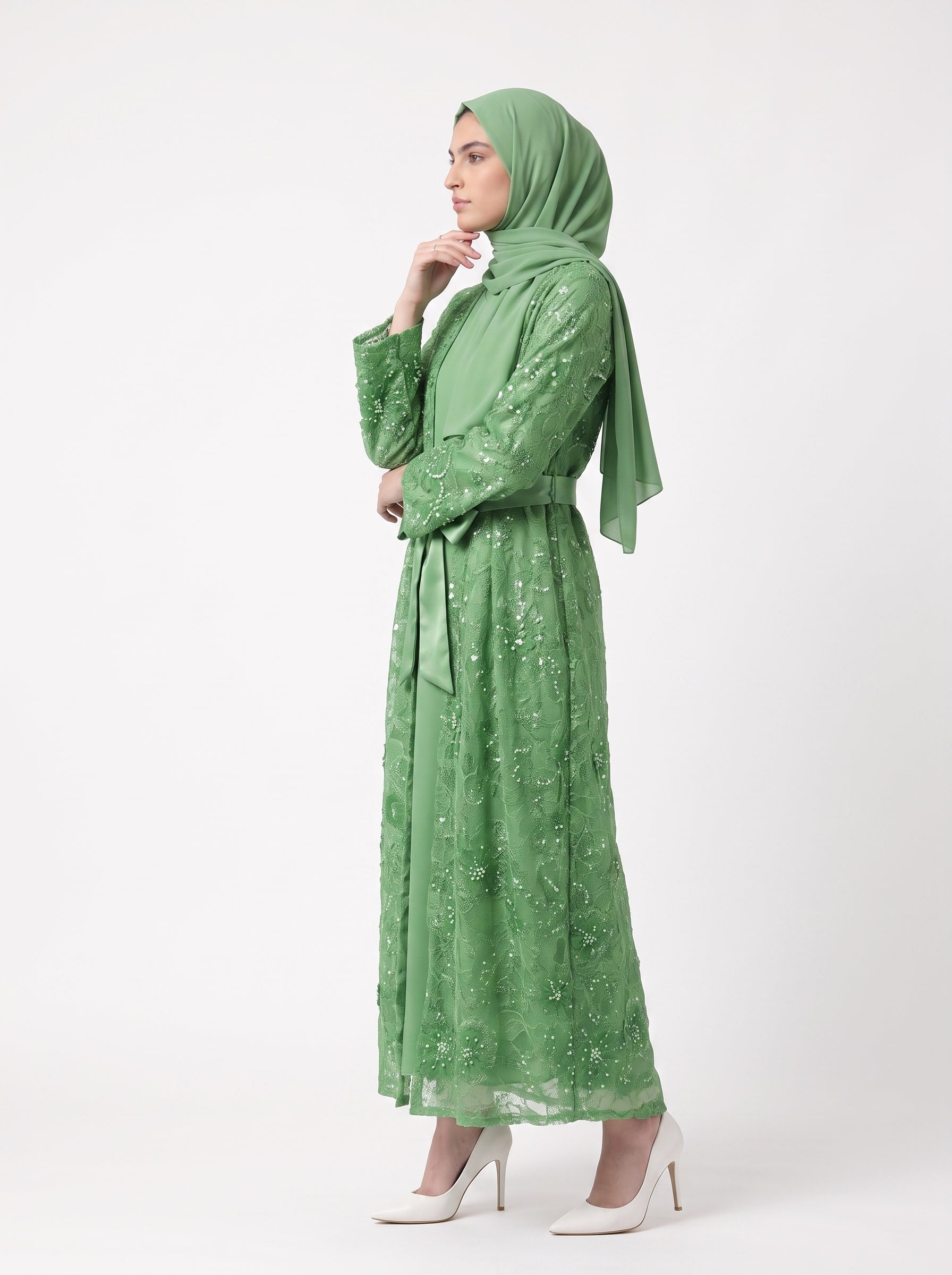 Classic Floral Open Abaya with Satin Belt - For Women - Image 1
