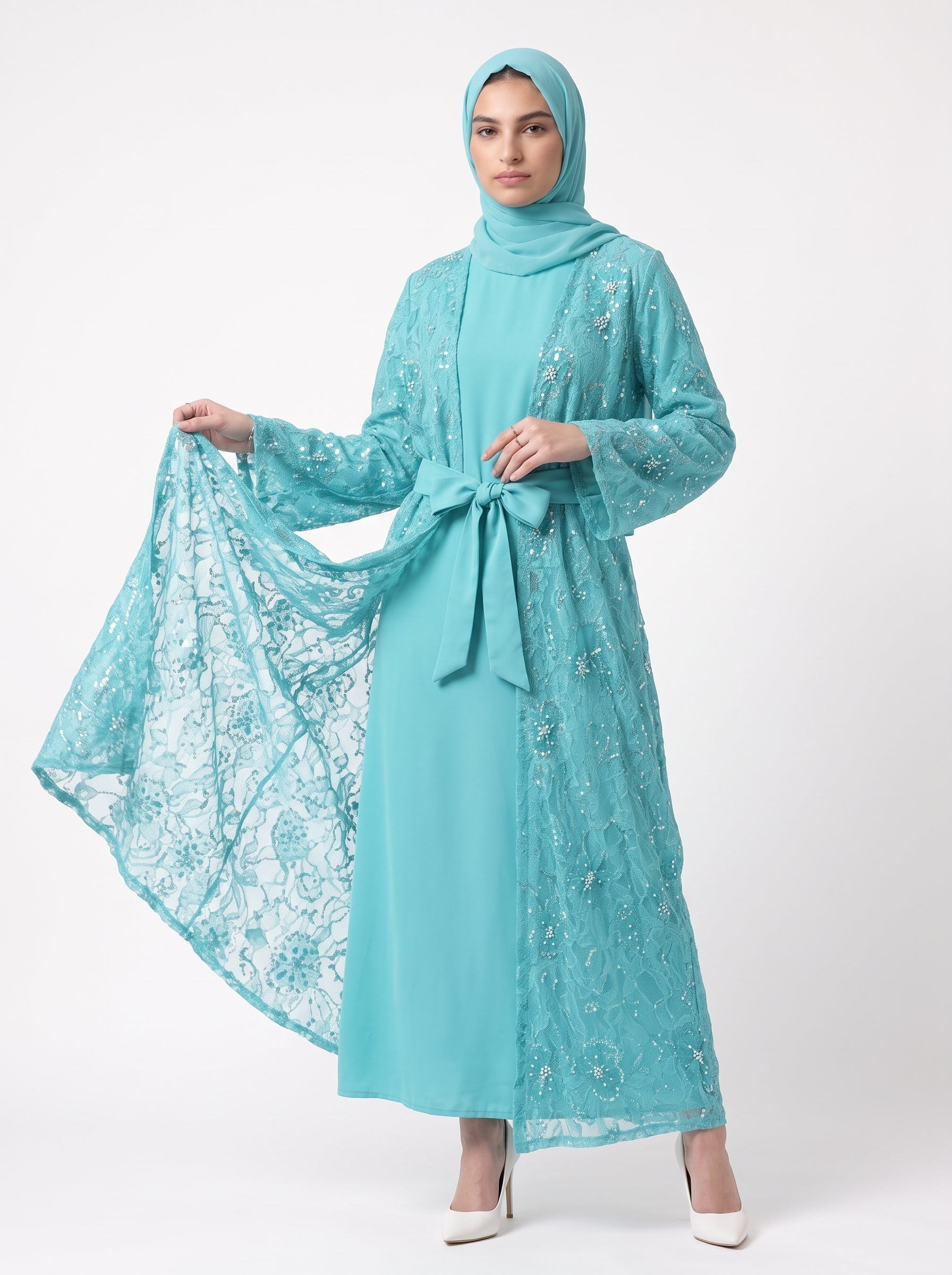 Luxury Floral Embellished Open Abaya with Satin Belt - For Women - Image 6