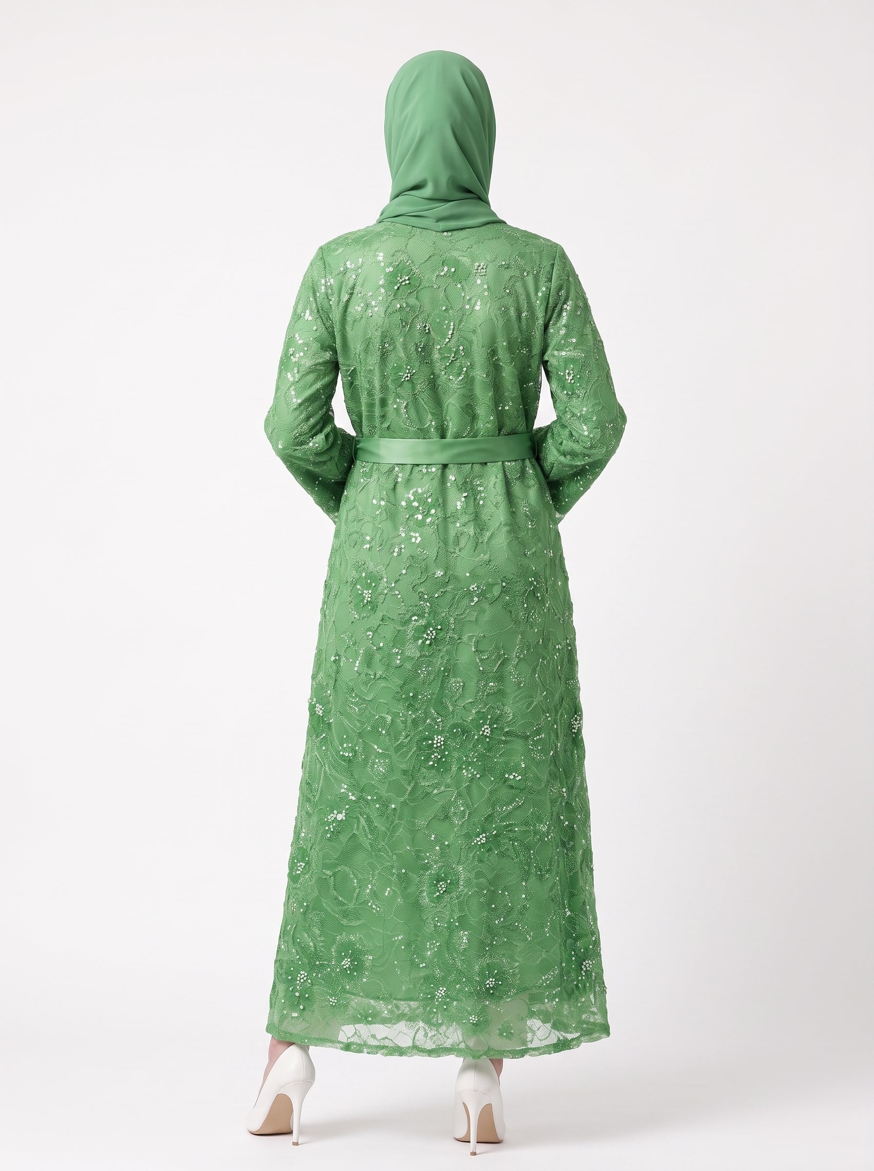Classic Floral Open Abaya with Satin Belt - For Women - Image 3