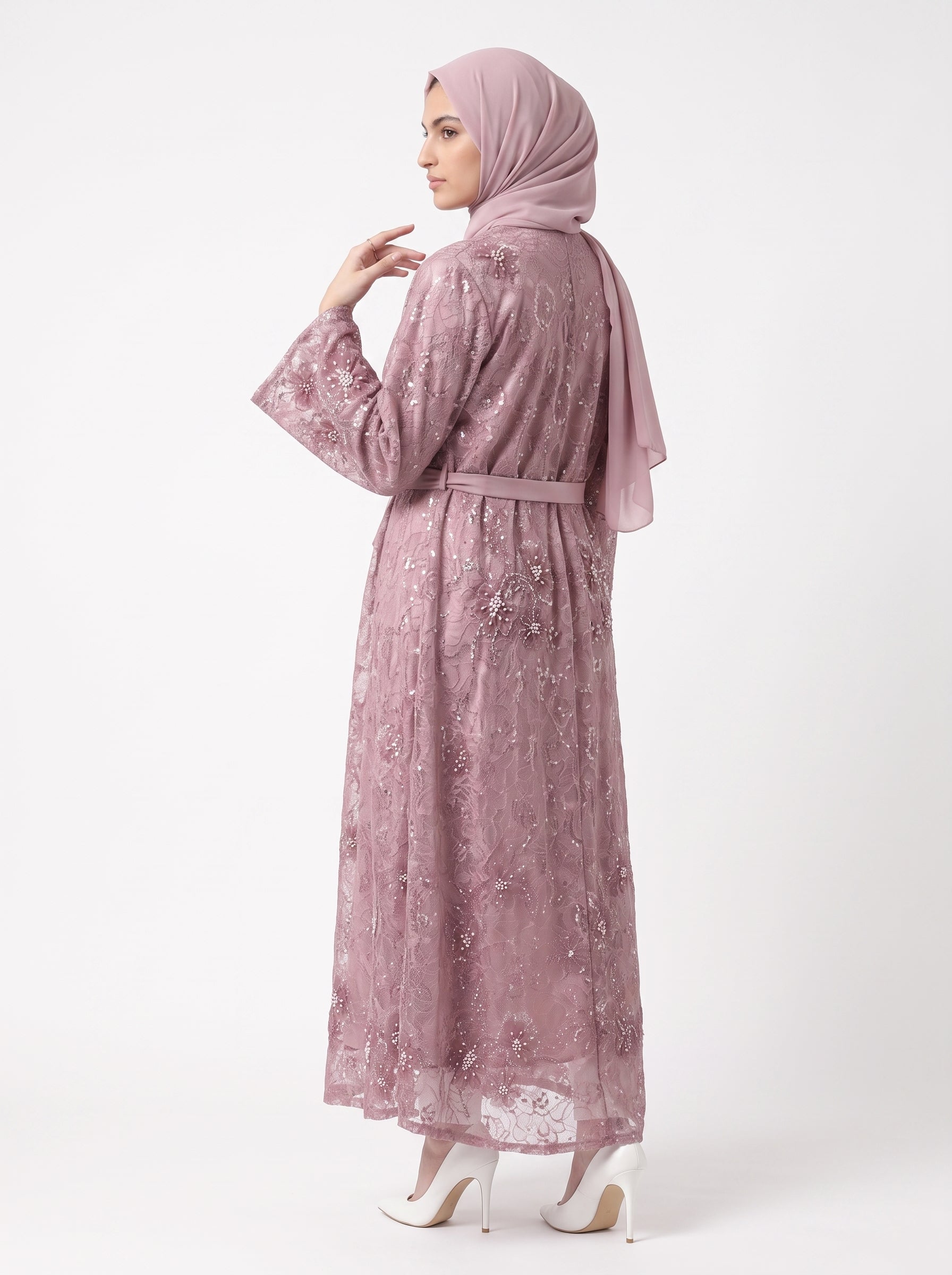 Premium Floral Open Abaya with Satin Belt - For Women - Image 2