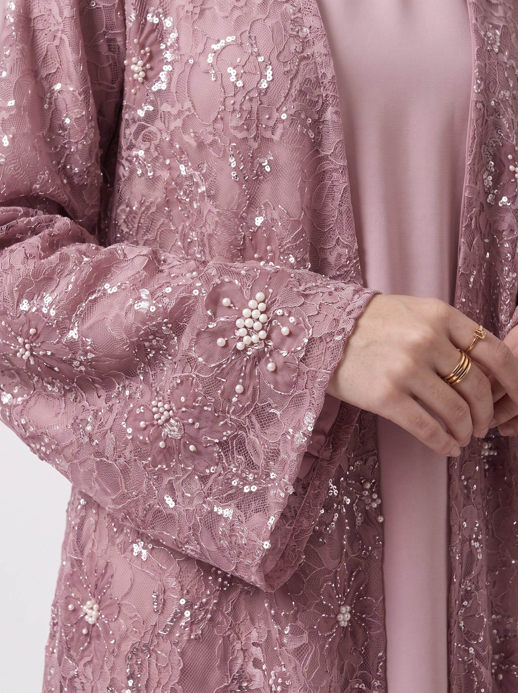 Premium Floral Open Abaya with Satin Belt - For Women - Image 5