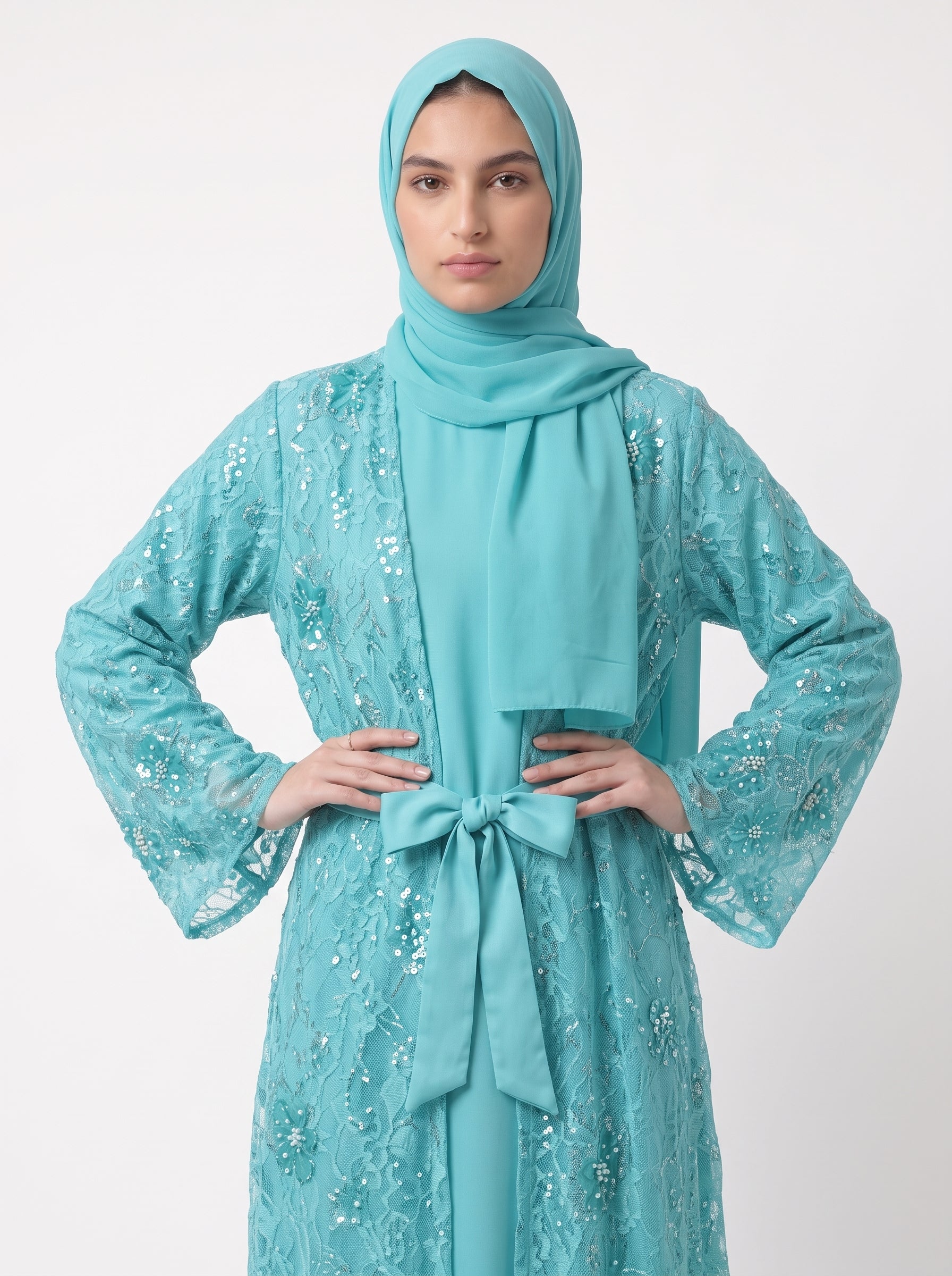 Luxury Floral Embellished Open Abaya with Satin Belt - For Women - Image 4