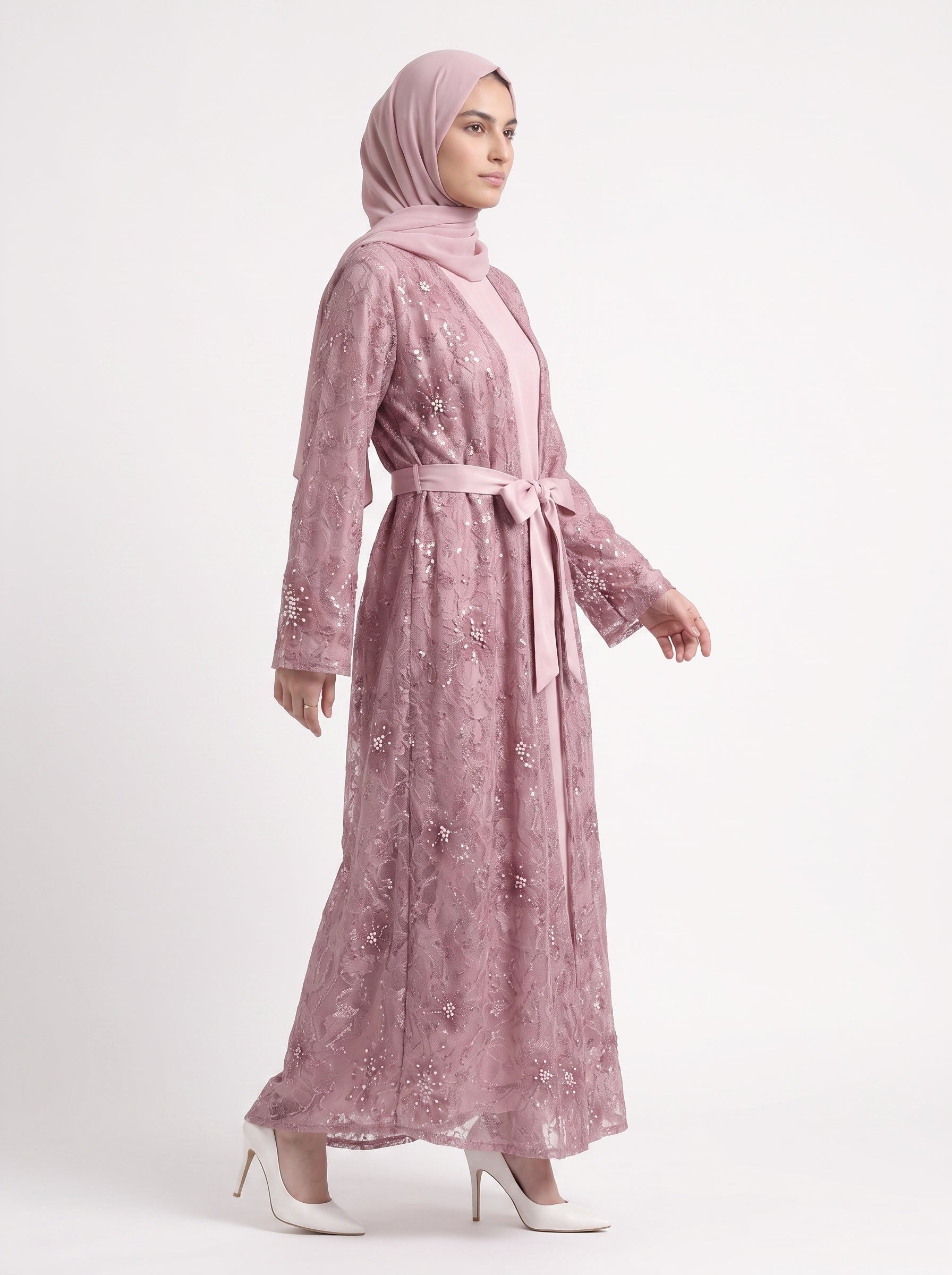 Premium Floral Open Abaya with Satin Belt - For Women - Image 1
