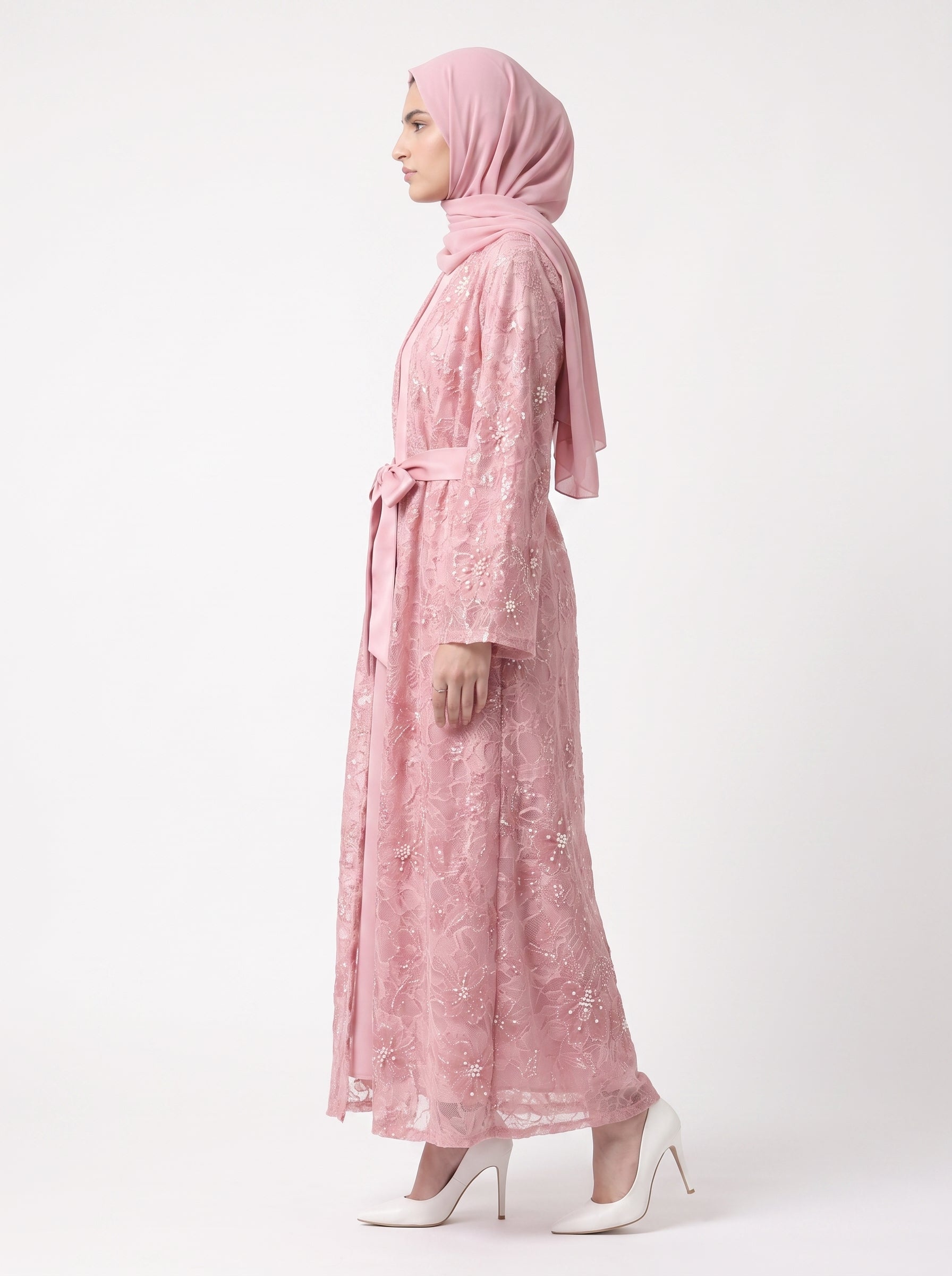 Luxury Statement Open Abaya with Satin Belt - For Women - Image 4