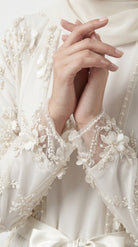 Ivory Pearl & 3D Floral Embellished Open Abaya with Satin Belt - Image 1