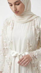 Ivory Pearl & 3D Floral Embellished Open Abaya with Satin Belt - Image 3