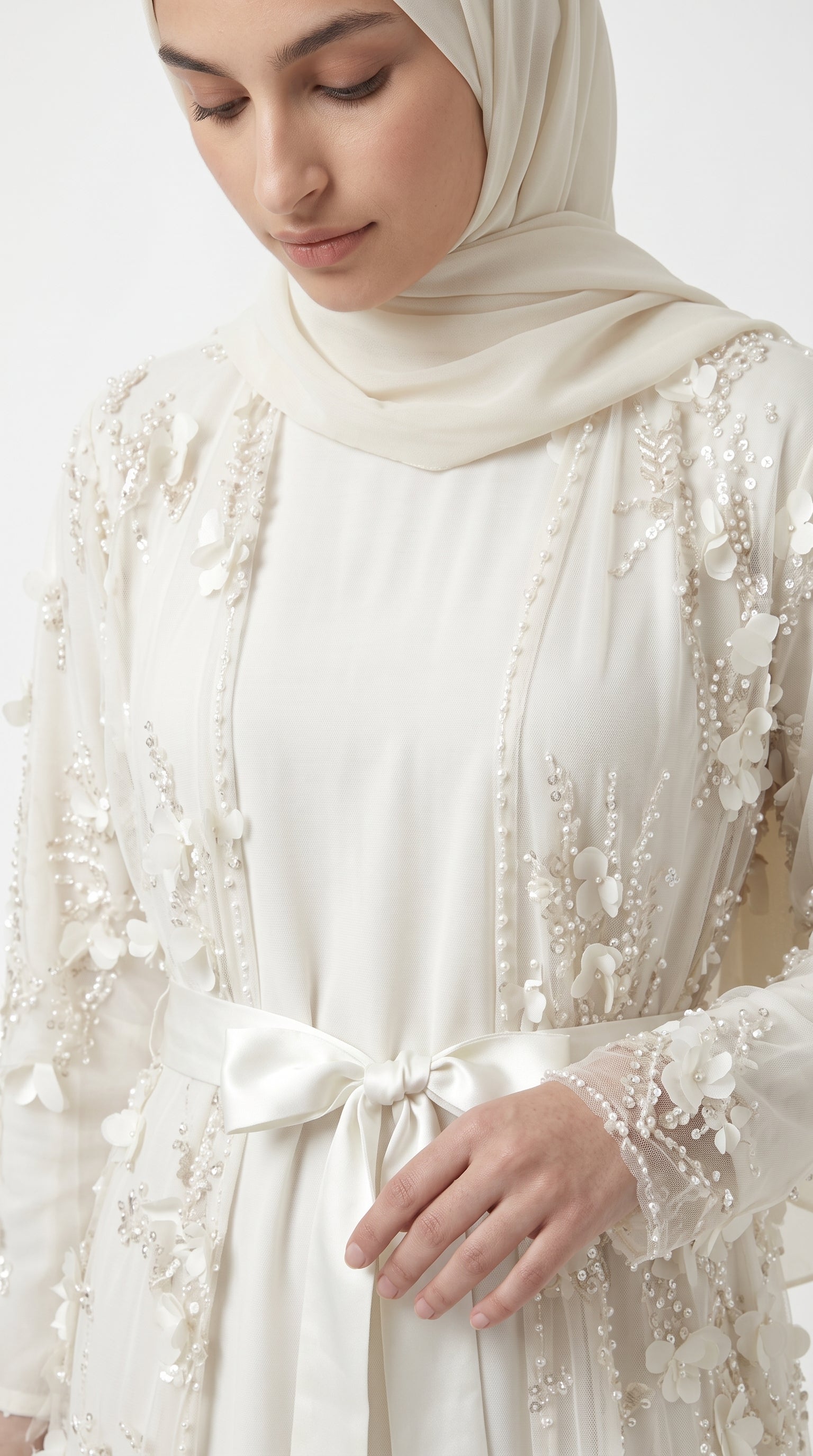 Ivory Pearl & 3D Floral Embellished Open Abaya with Satin Belt - Image 3