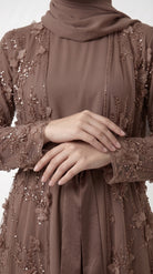 Mocha 3D Floral Embellished Open Abaya with Satin Belt - Image 2