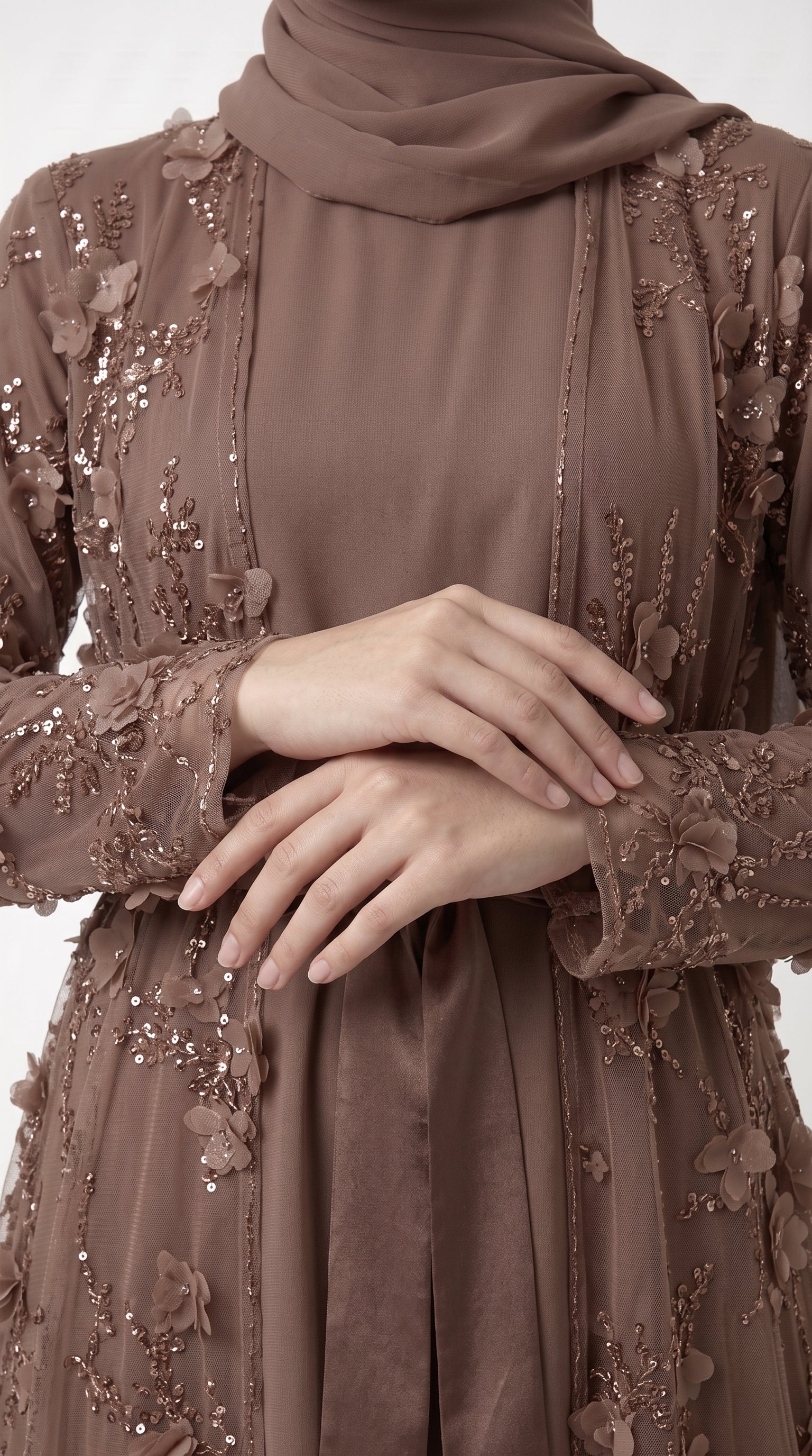 Mocha 3D Floral Embellished Open Abaya with Satin Belt - Image 2