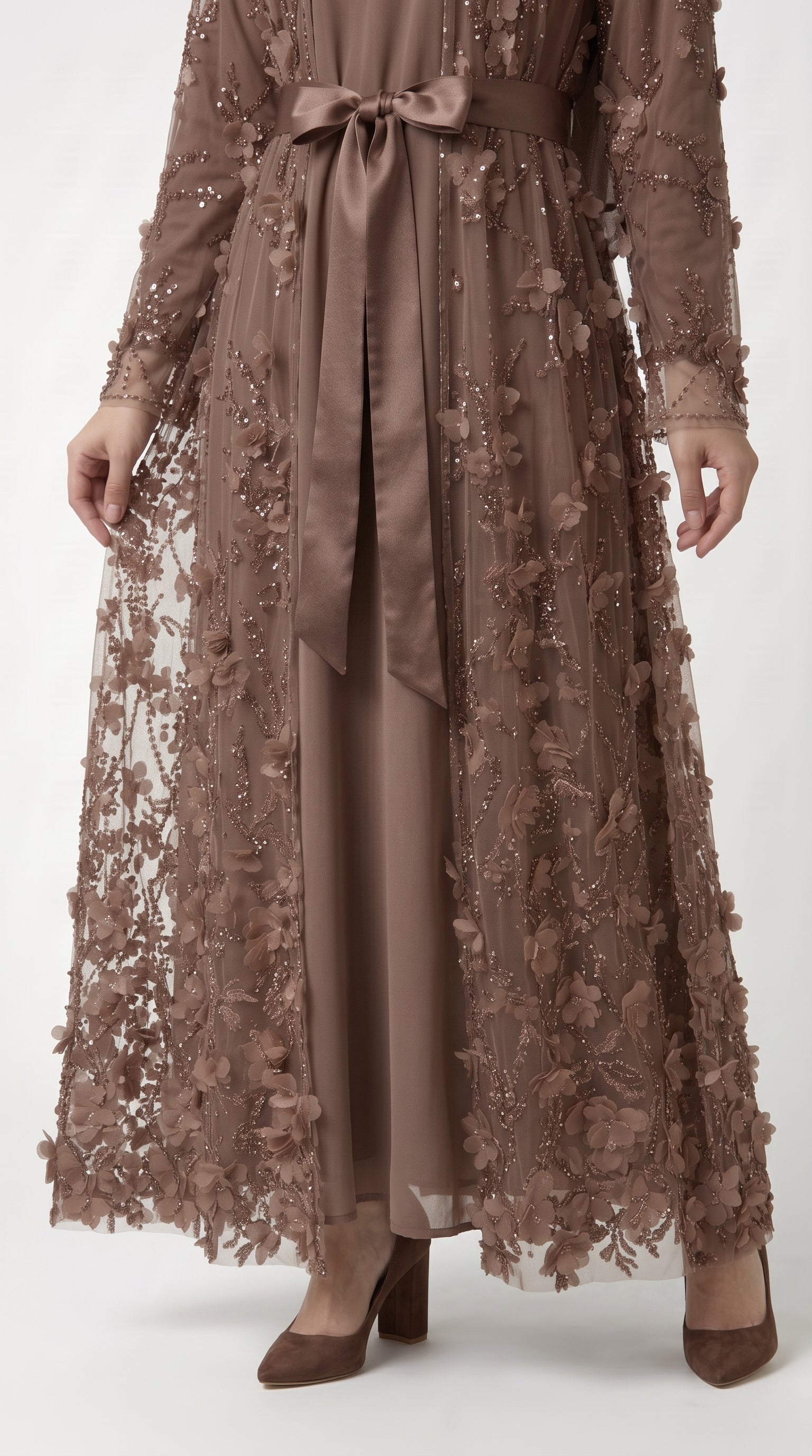 Mocha 3D Floral Embellished Open Abaya with Satin Belt - Image 3