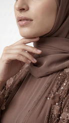Mocha 3D Floral Embellished Open Abaya with Satin Belt - Image 5