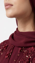 Burgundy 3D Floral Sequin Embellished Open Abaya with Satin Belt - Image 2