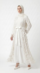 Ivory Pearl & 3D Floral Embellished Open Abaya with Satin Belt - Image 2