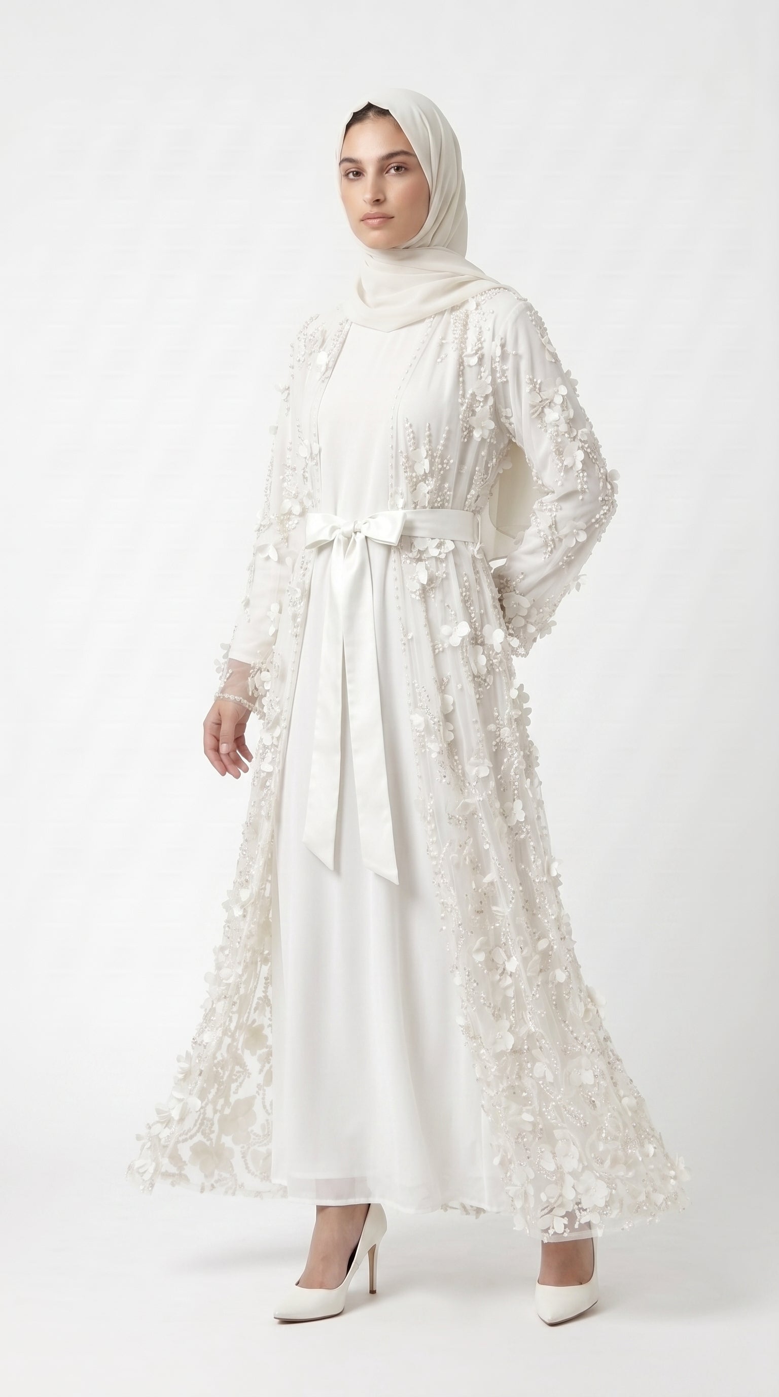 Ivory Pearl & 3D Floral Embellished Open Abaya with Satin Belt - Image 2