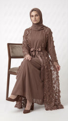Mocha 3D Floral Embellished Open Abaya with Satin Belt - Image 6