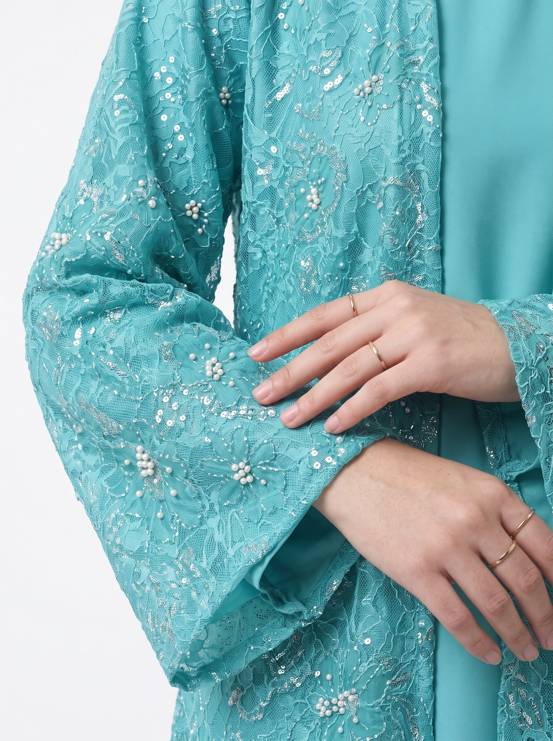 Luxury Floral Embellished Open Abaya with Satin Belt - For Women - Image 7
