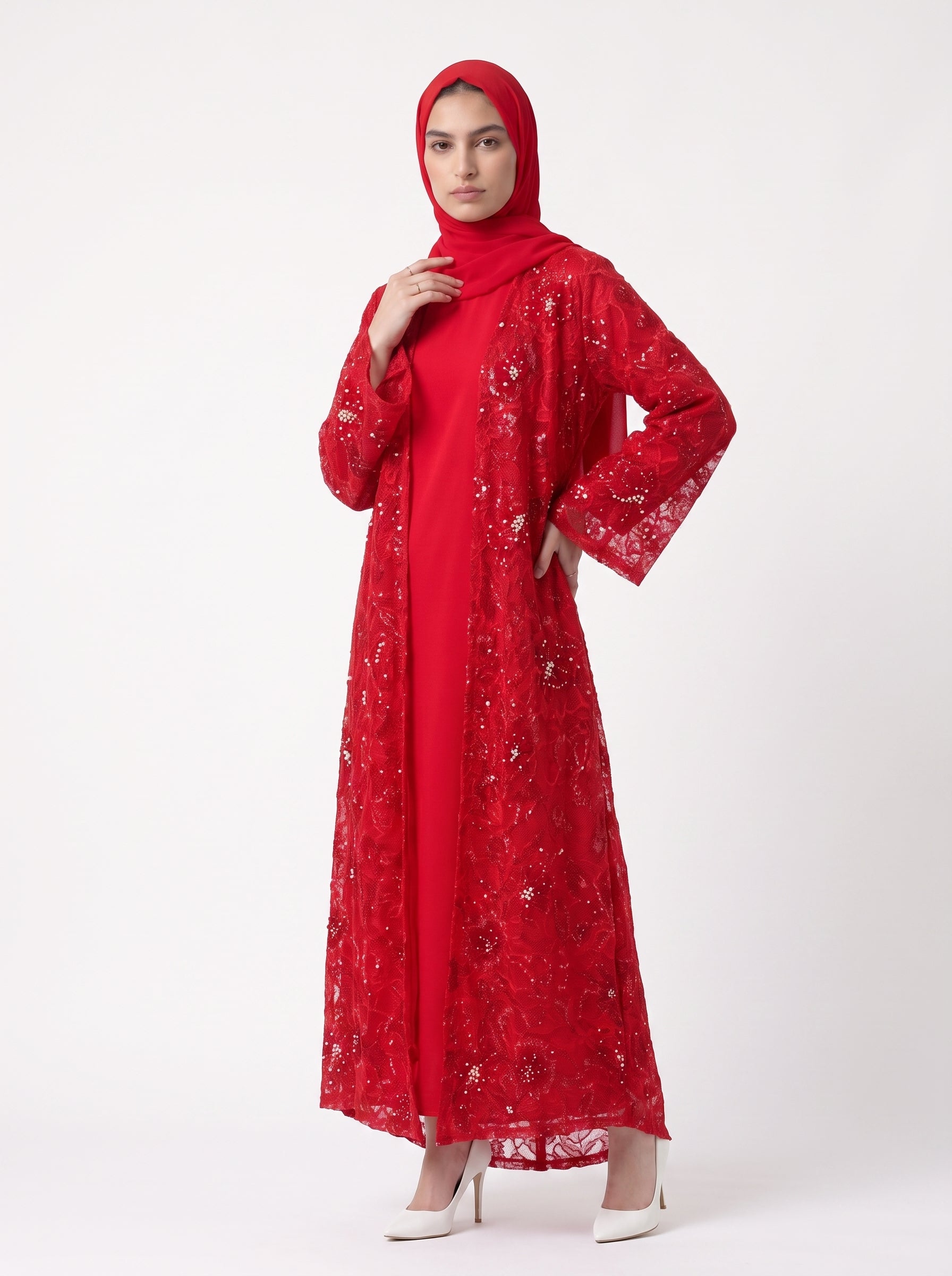 Elegant Embroidered Open Abaya with Satin Belt - For Women - Image 4