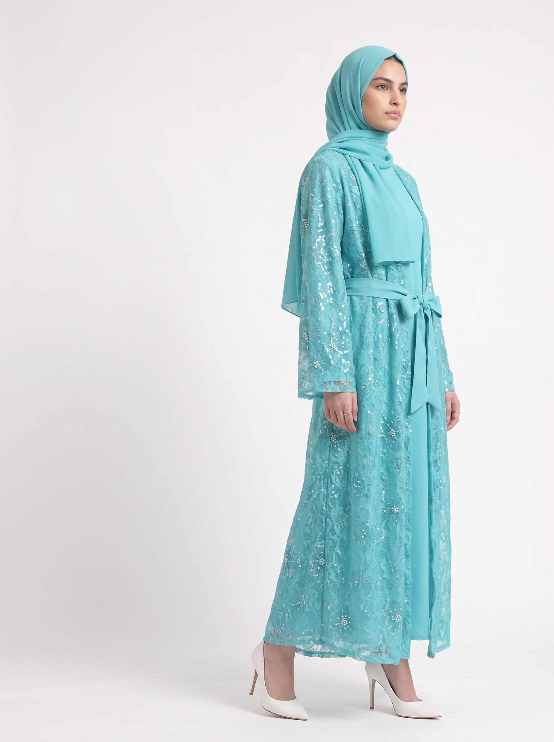 Luxury Floral Embellished Open Abaya with Satin Belt - For Women - Image 2