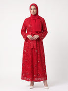 Elegant Embroidered Open Abaya with Satin Belt - For Women - Image 1