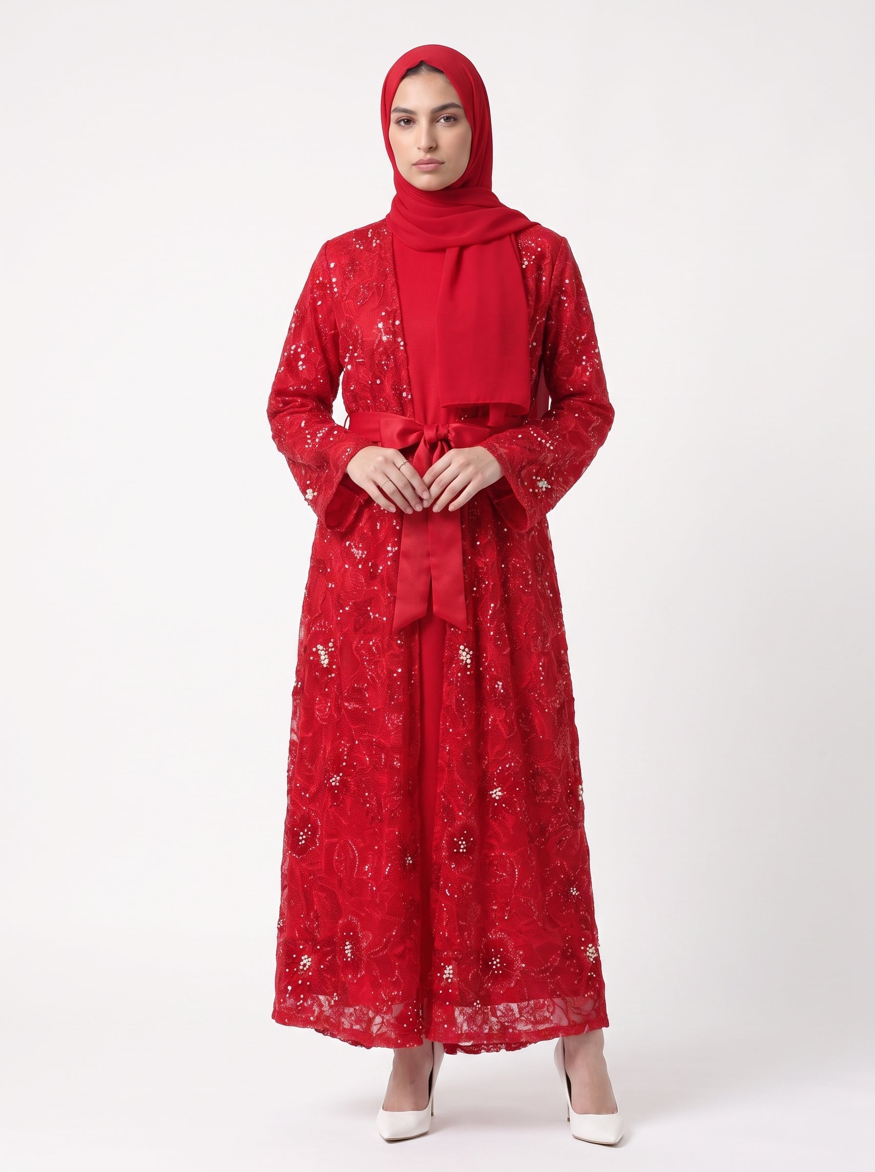 Elegant Embroidered Open Abaya with Satin Belt - For Women - Image 1