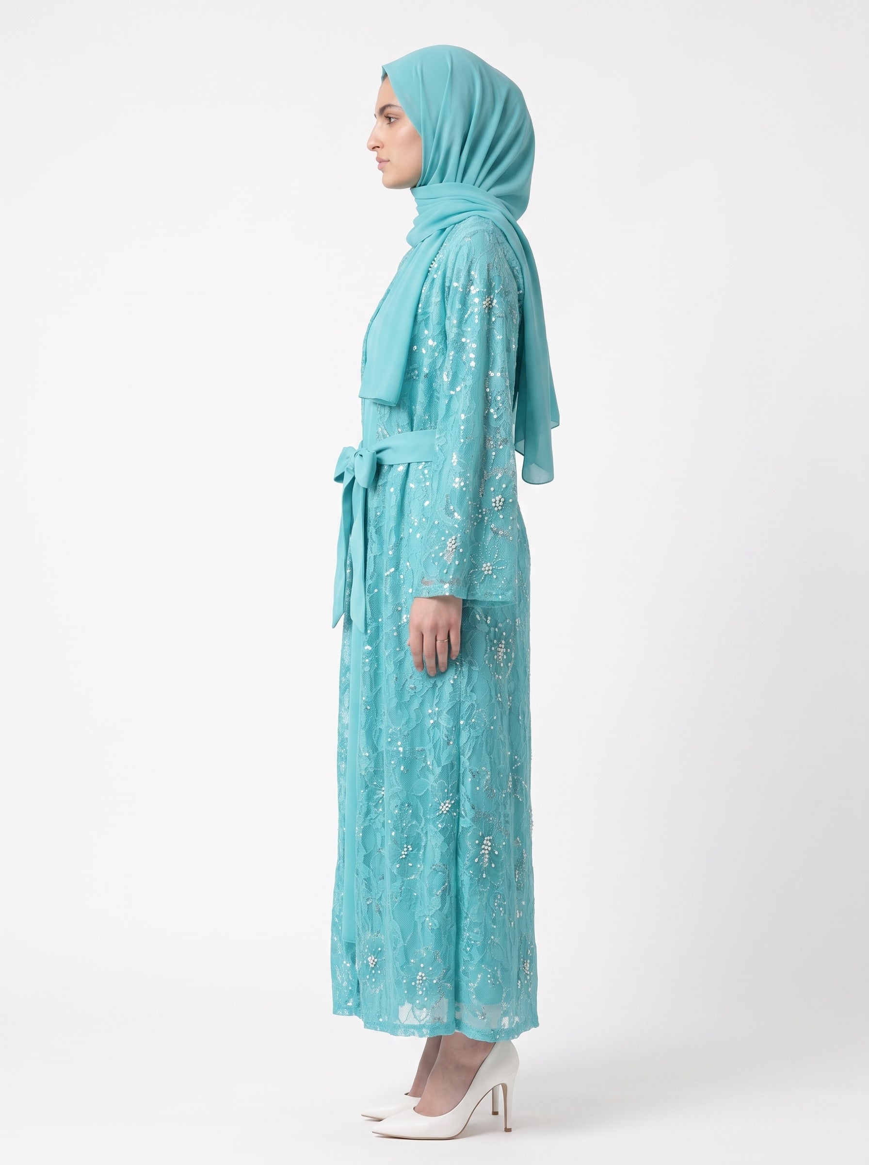 Luxury Floral Embellished Open Abaya with Satin Belt - For Women - Image 1