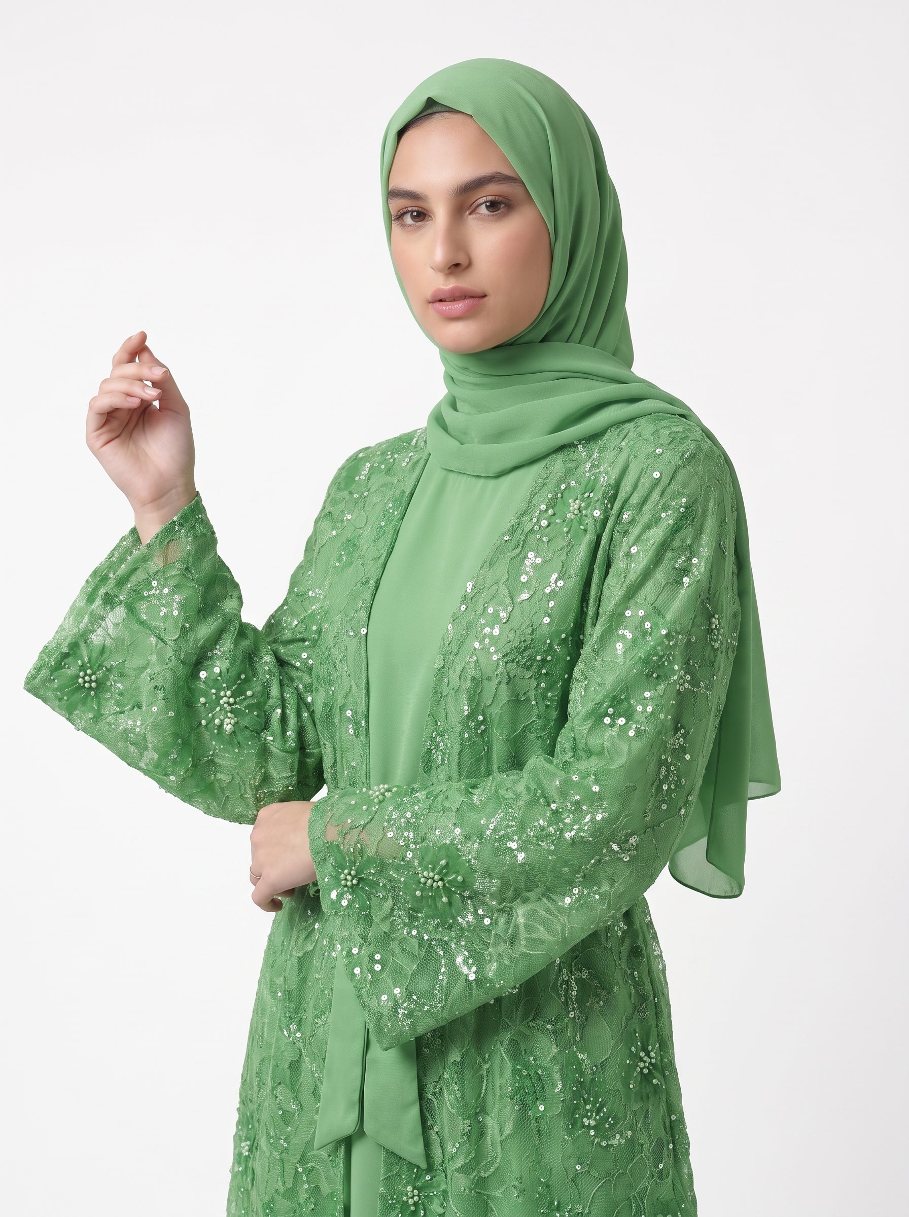 Classic Floral Open Abaya with Satin Belt - For Women - Image 5