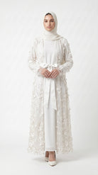 Ivory Pearl & 3D Floral Embellished Open Abaya with Satin Belt - Image 6