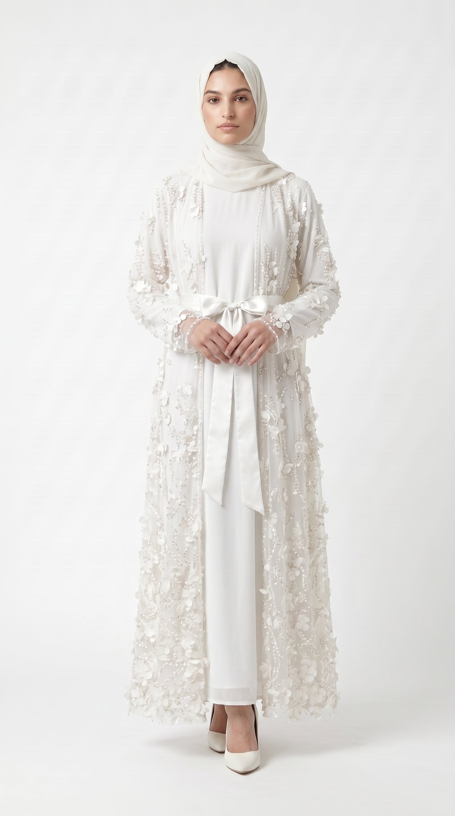 Ivory Pearl & 3D Floral Embellished Open Abaya with Satin Belt - Image 6