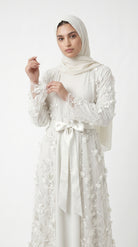 Ivory Pearl & 3D Floral Embellished Open Abaya with Satin Belt - Image 4