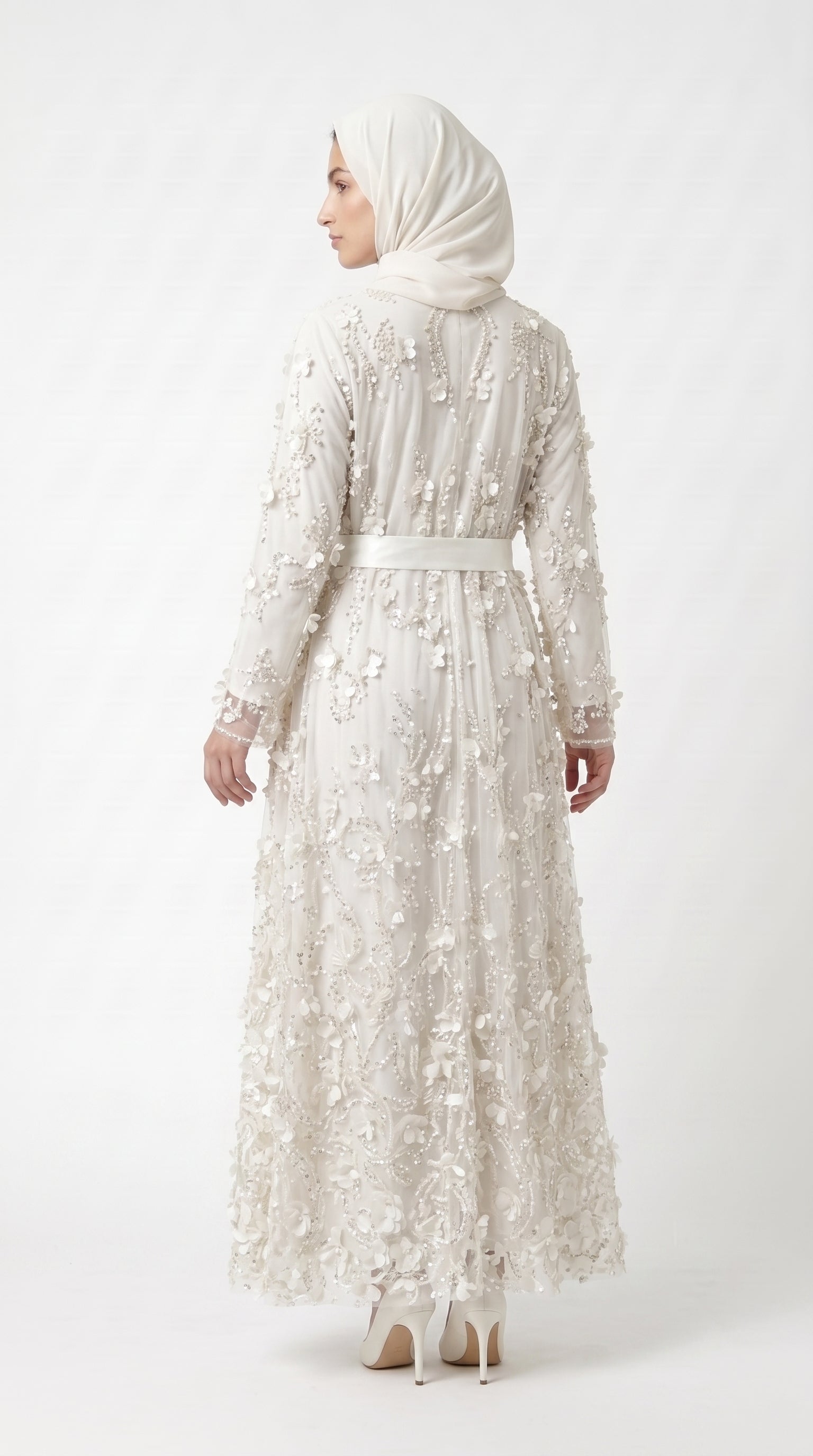 Ivory Pearl & 3D Floral Embellished Open Abaya with Satin Belt - Image 5