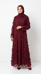 Burgundy 3D Floral Sequin Embellished Open Abaya with Satin Belt - Image 4