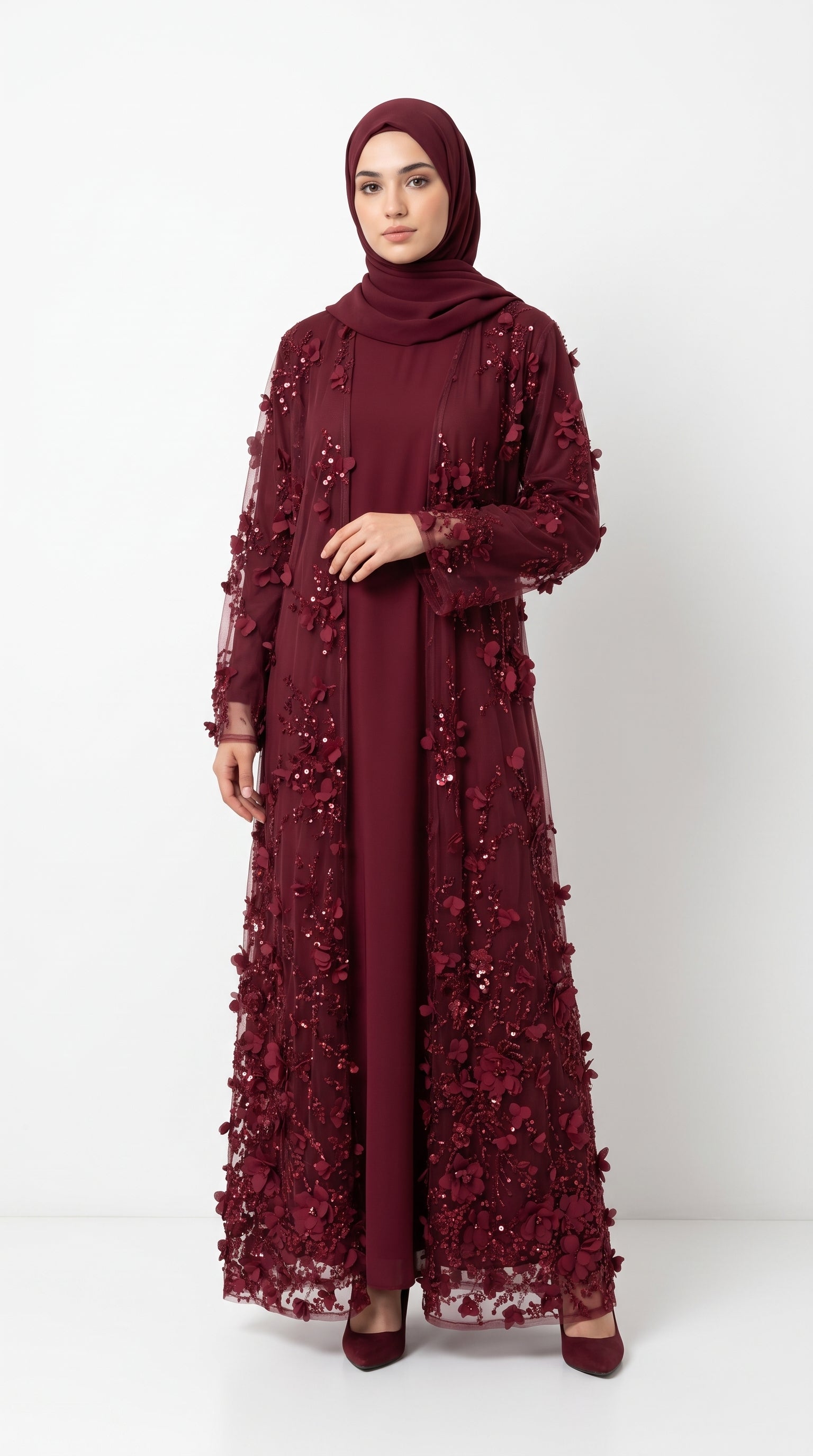 Burgundy 3D Floral Sequin Embellished Open Abaya with Satin Belt - Image 4