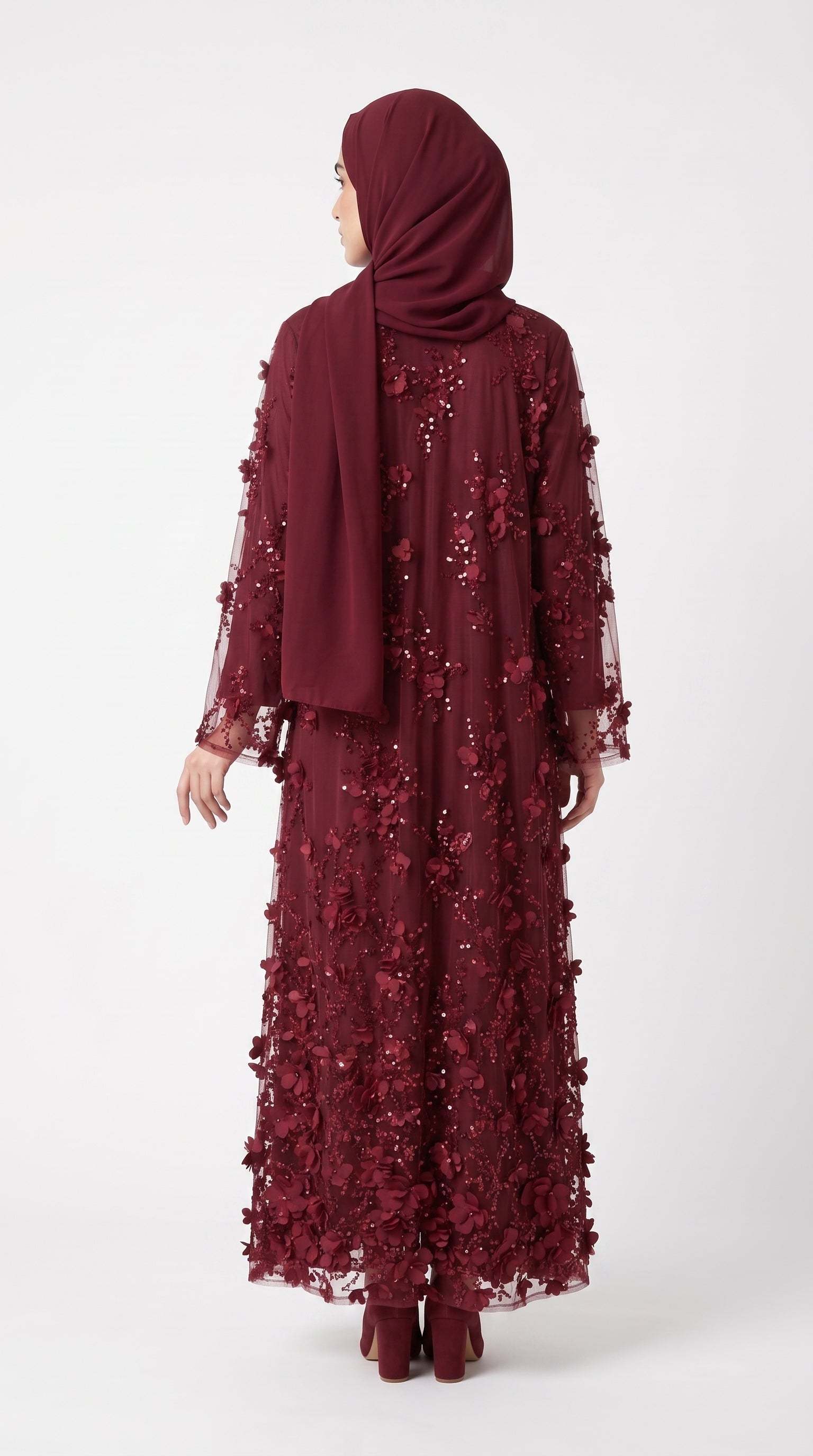 Burgundy 3D Floral Sequin Embellished Open Abaya with Satin Belt - Image 6