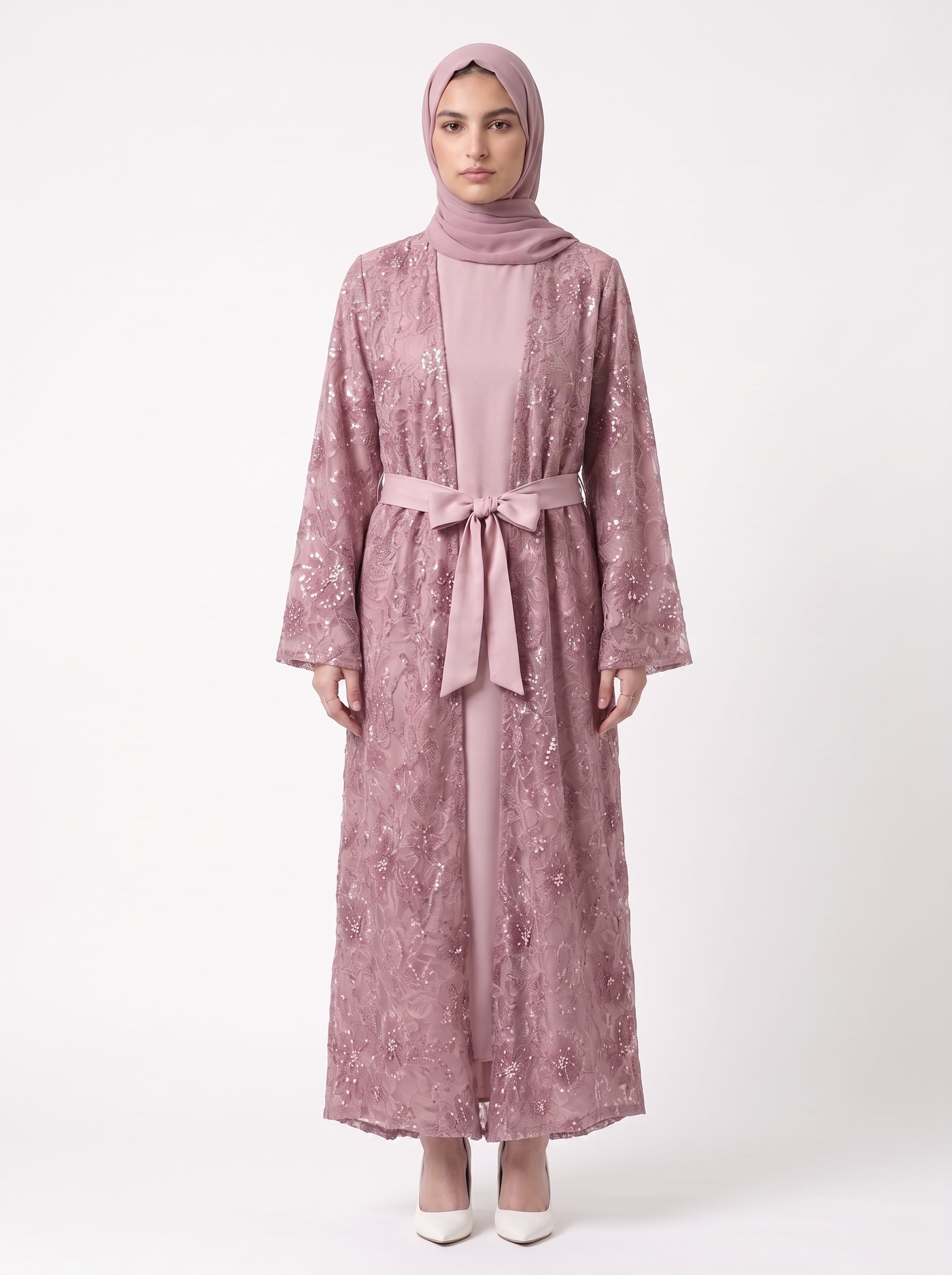 Premium Floral Open Abaya with Satin Belt - For Women - Image 4