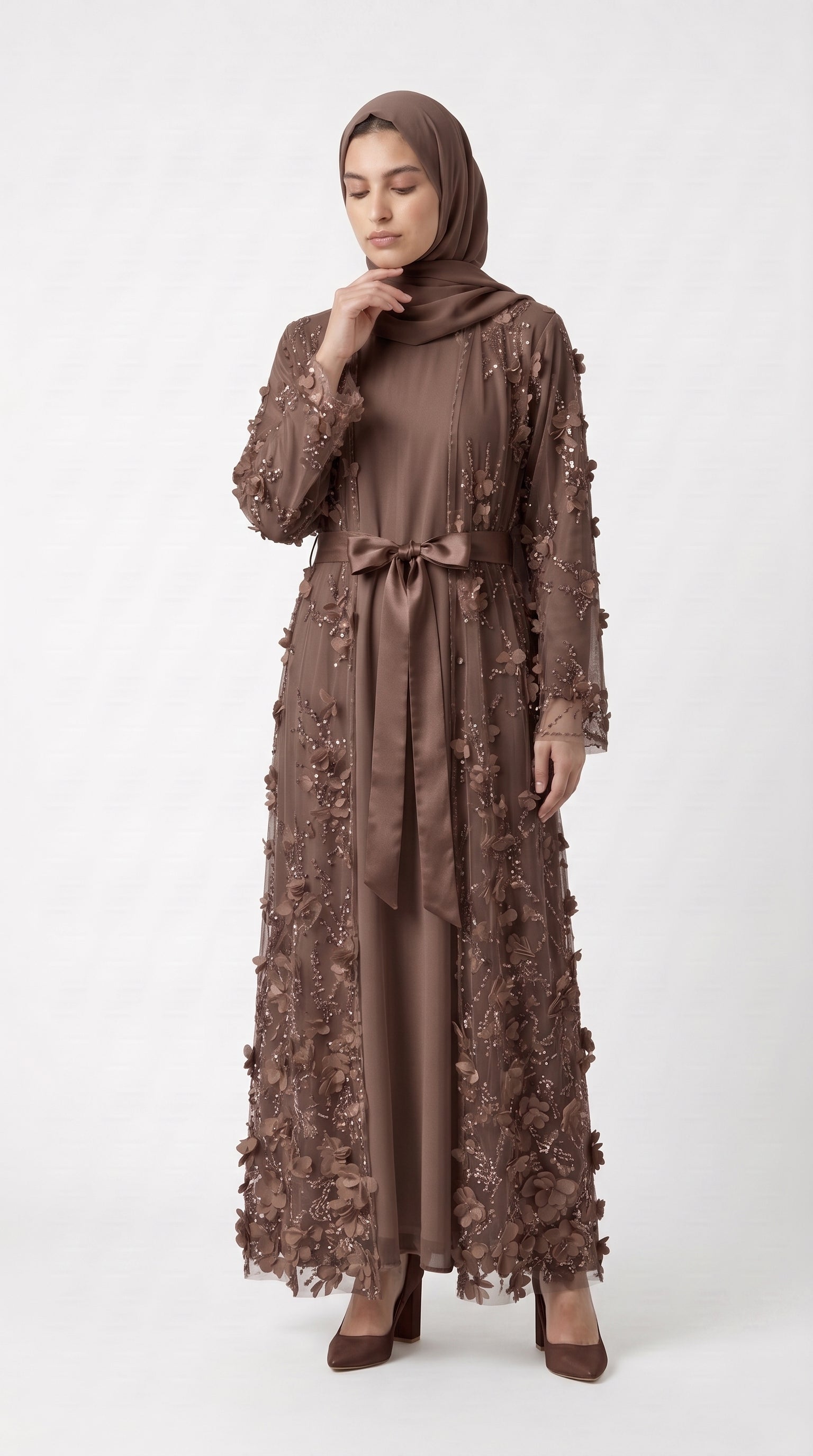 Mocha 3D Floral Embellished Open Abaya with Satin Belt - Image 1