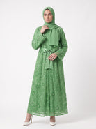 Classic Floral Open Abaya with Satin Belt - For Women - Image 2
