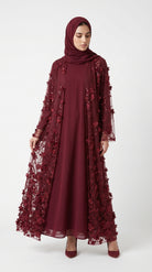 Burgundy 3D Floral Sequin Embellished Open Abaya with Satin Belt - Image 5