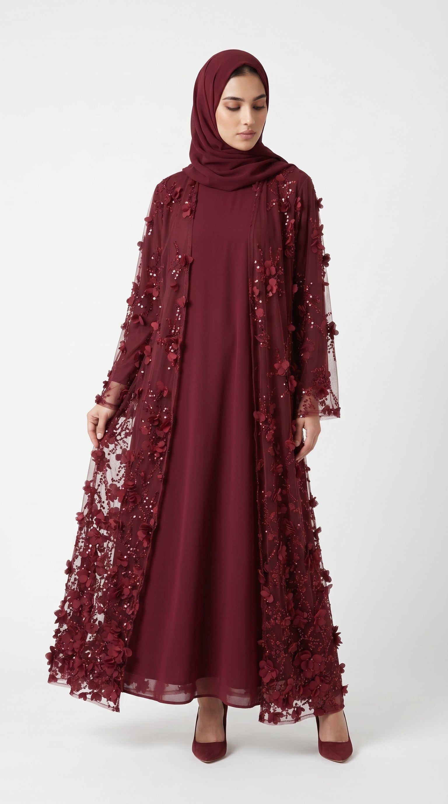 Burgundy 3D Floral Sequin Embellished Open Abaya with Satin Belt - Image 5